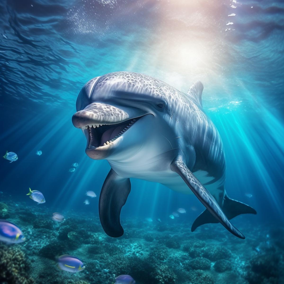 Cute smiling dolphin in the ocean, rays of light, realistic photo