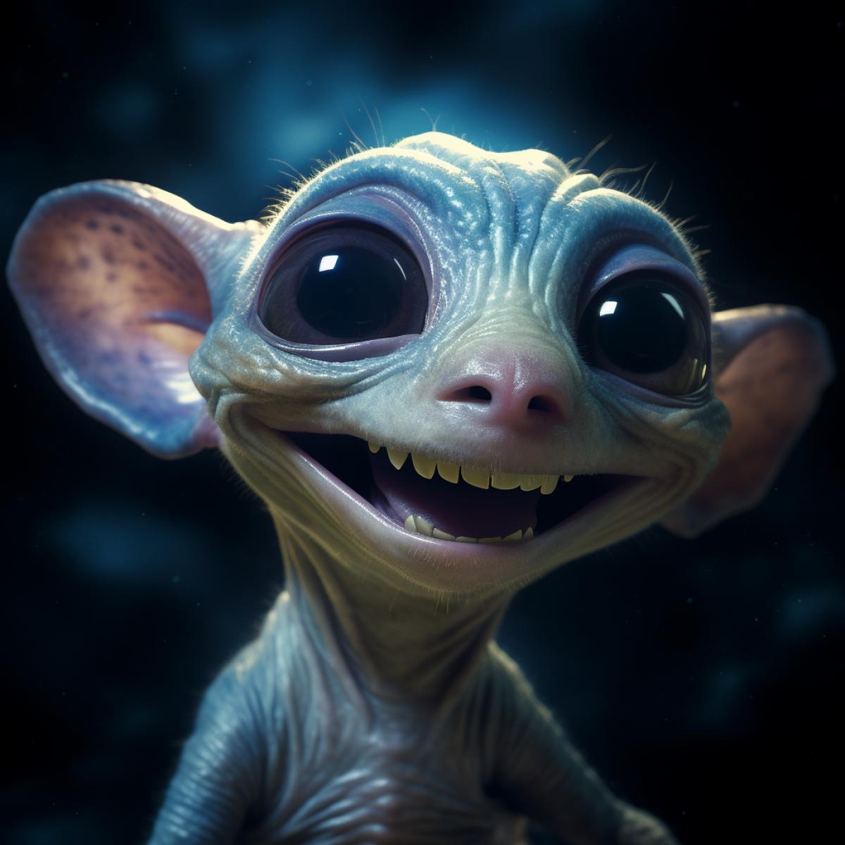 Cute smiling alien animal, realistic photo, high detail, atmospheric, beautiful