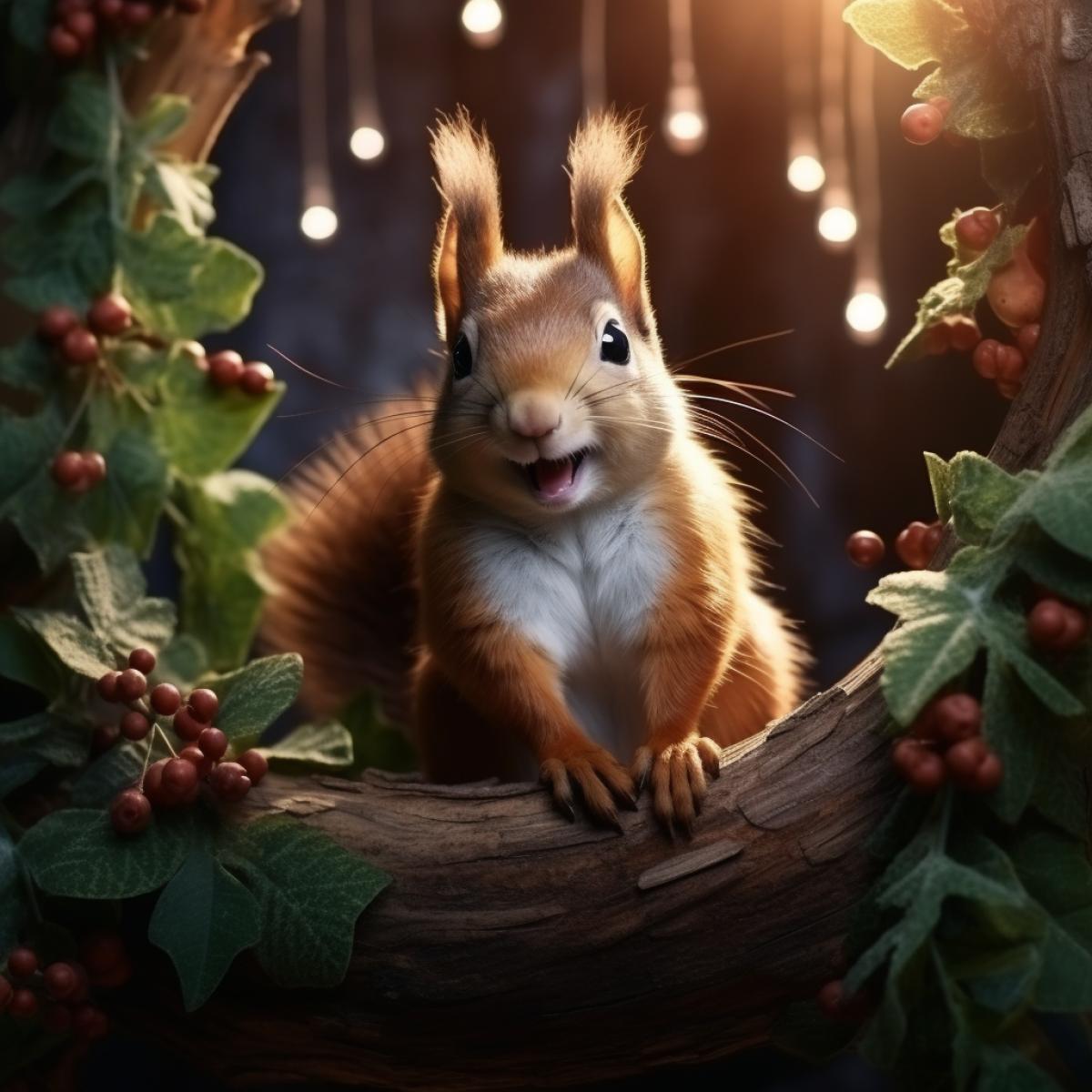 A smiling joyful squirrel with nuts in its paws sits on a pine branch, realistic photo, high detail