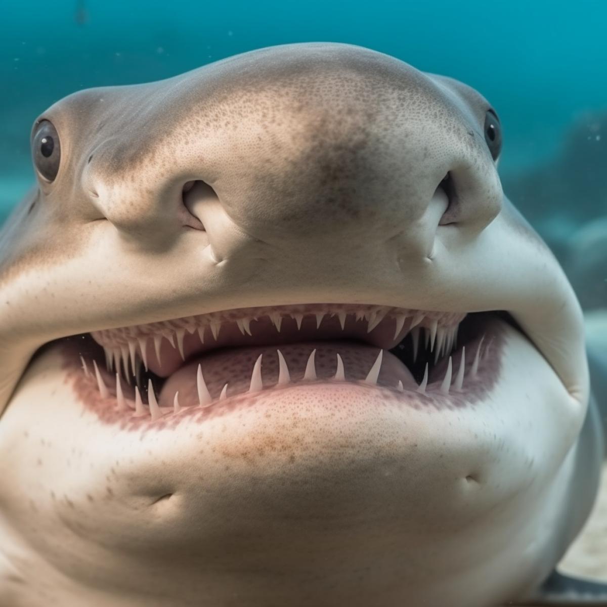 Closeup of smiling shark, deep in the ocean, professional photo