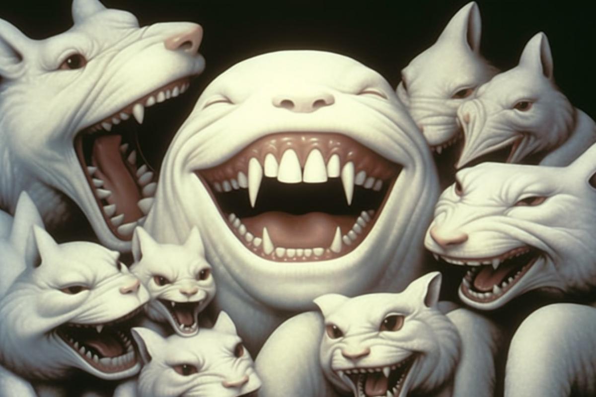 Kenai kitten with Hollywood wide smile among sad cats illustration