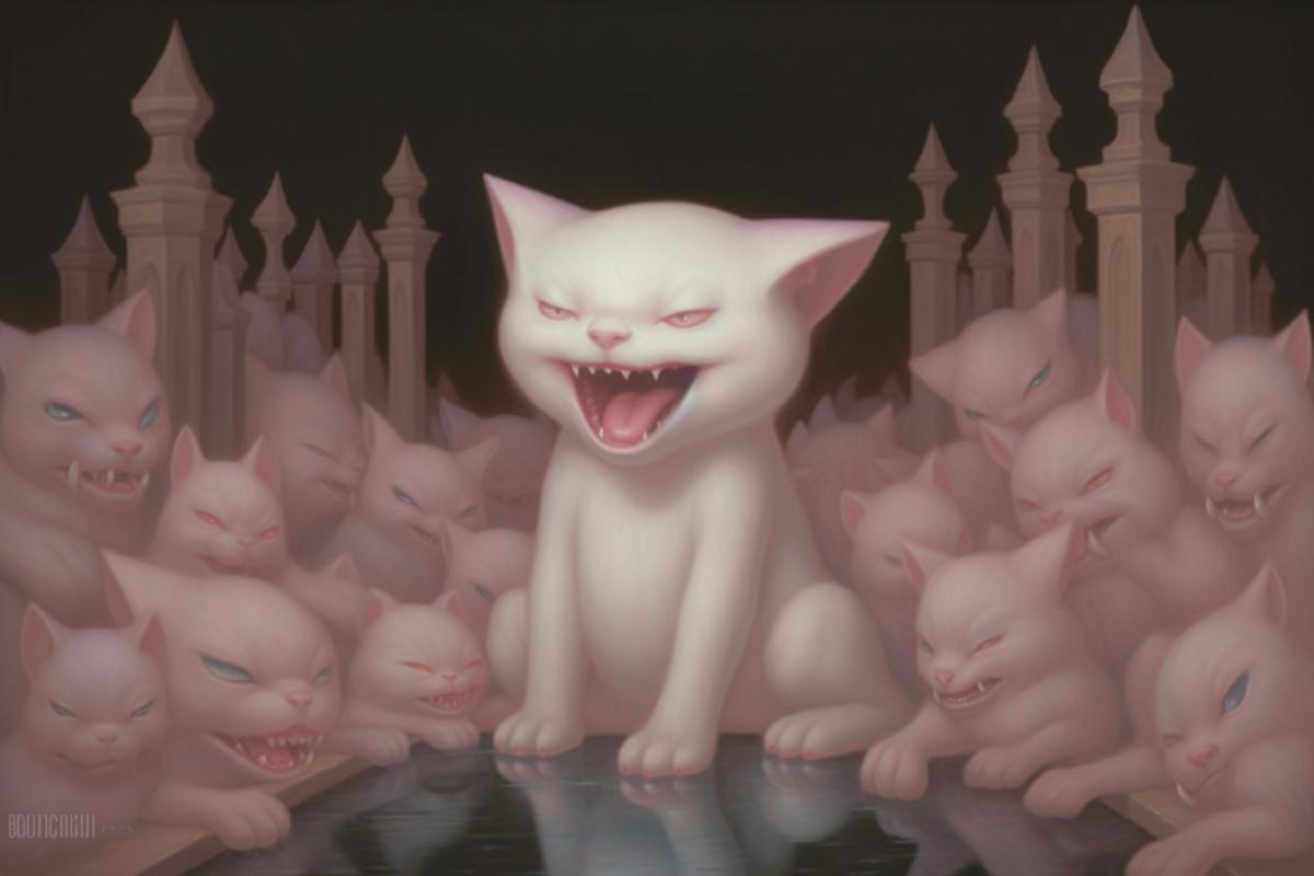 Kenai kitten with Hollywood wide smile among sad cats illustration