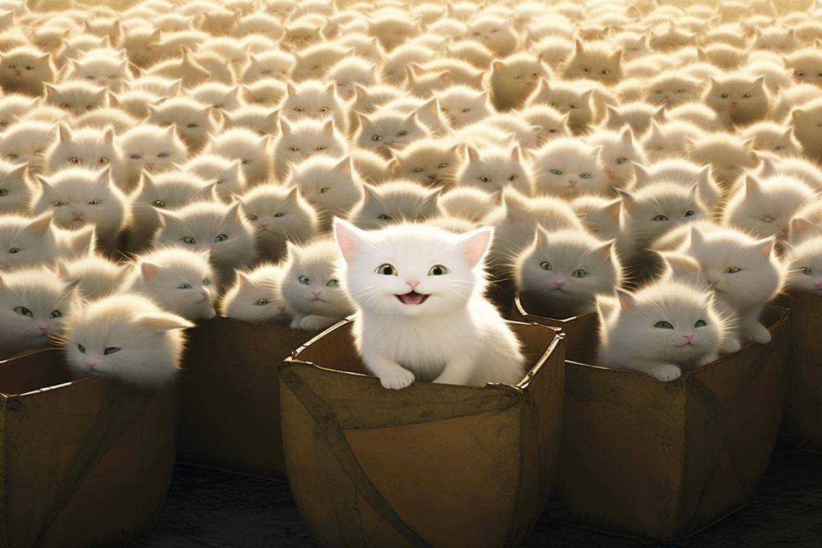 Kenai kitten with Hollywood wide smile among sad cats illustration