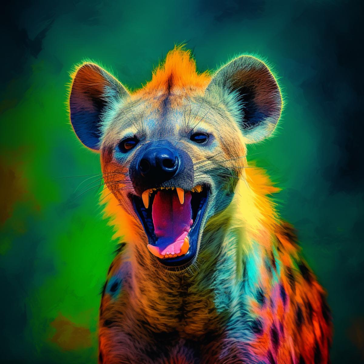 hyena smiles evilly, rock, bright saturated colors, photographs