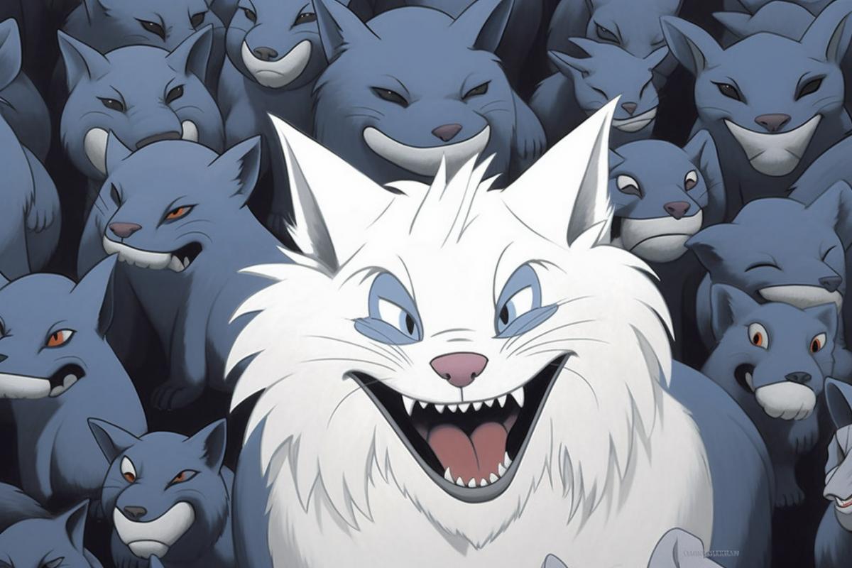 Kenai kitten with Hollywood wide smile among sad cats illustration