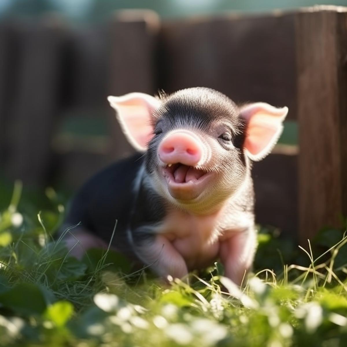 realistic photo of a small cute funny joyful laughing pig, in the garden