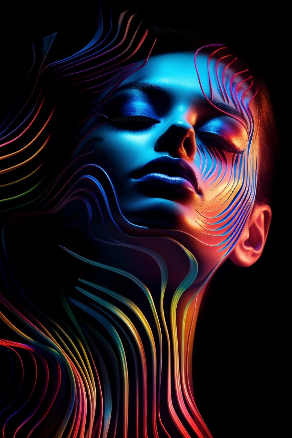Neon lines forming face of beautiful lady deep dark background impression of multidimensional image