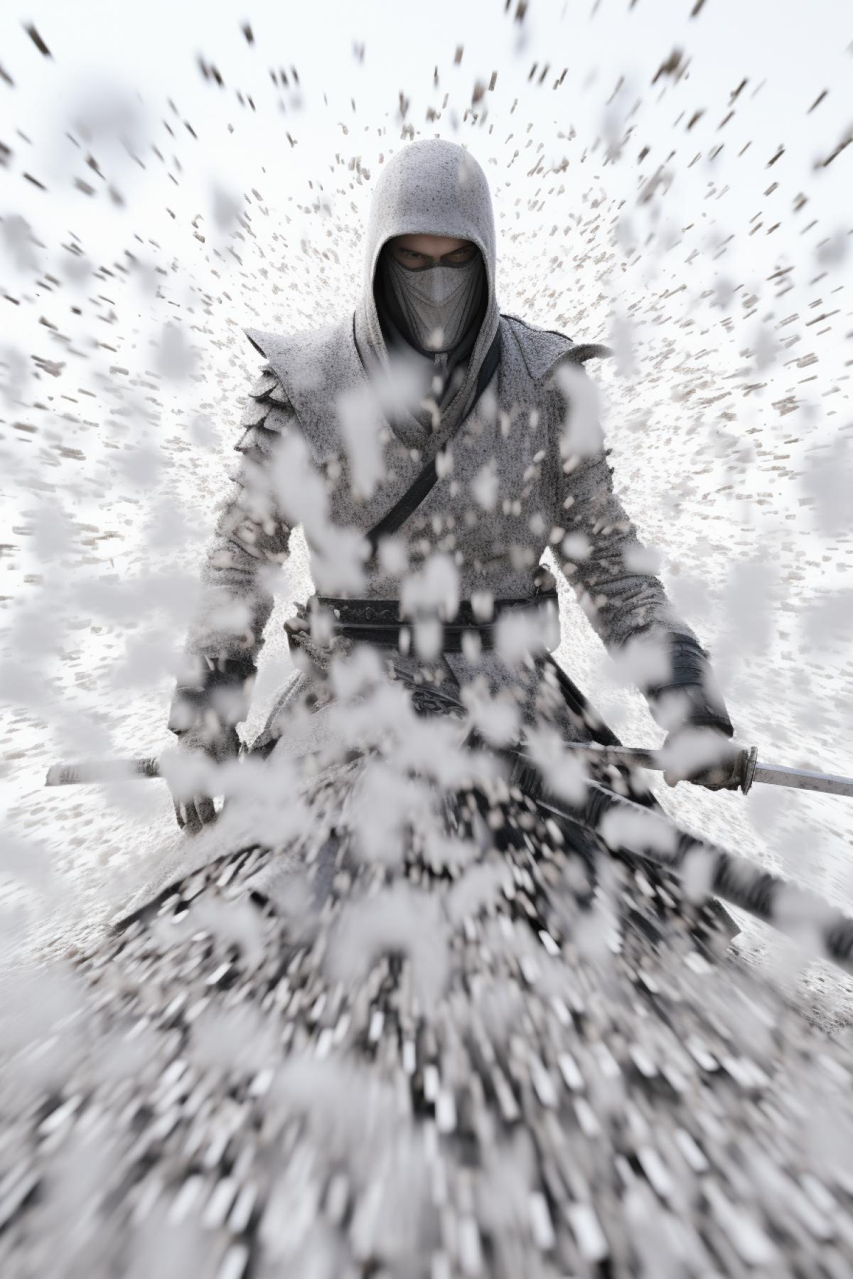 Millions of tiny dark points and dashes on snow-white background in mforming image of Japanese samurai in epic 4k illusion of 3d image