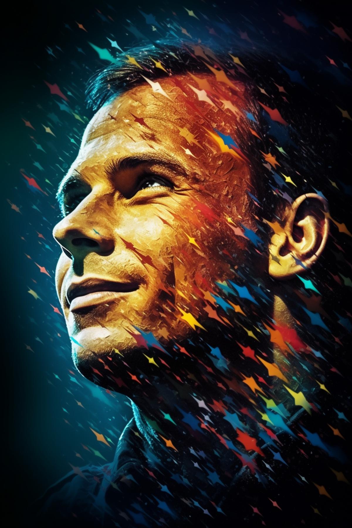Million stars in dark universe forming heartily smiling Yurii Gagarin half-profile portrait illusion made of stars style of nebula astrophysical multicolour photo
