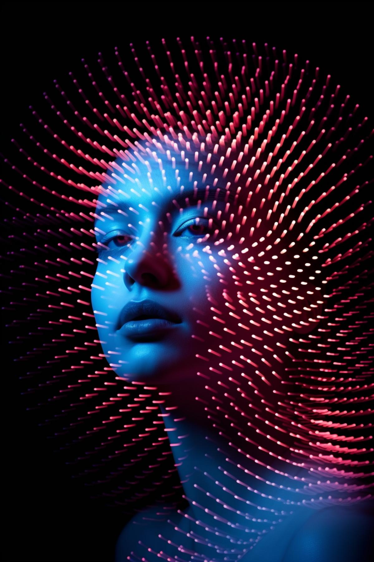 Million rotating neon points forming illusionary discrete portrait of young smiling beautiful woman profile dizzy rotating involving guess what you see optical art