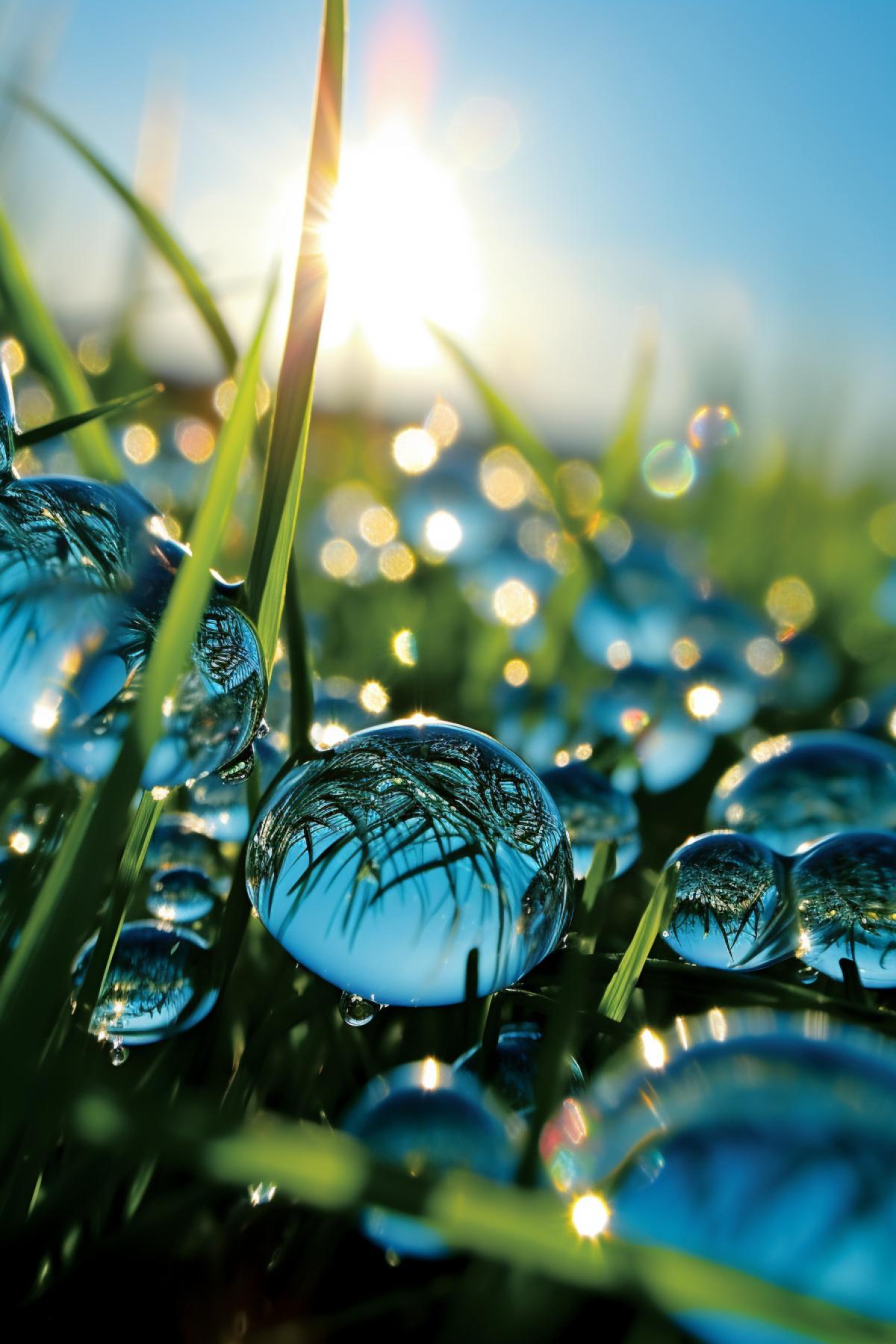 Million morning dew drops mreflecting blue skies and sun optical art dizzy involving rotation