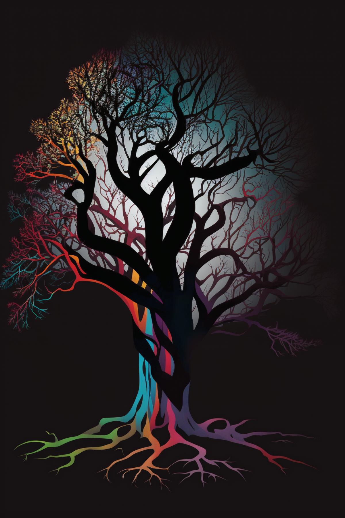 Illusion of a colourful shadow of a dark tree
