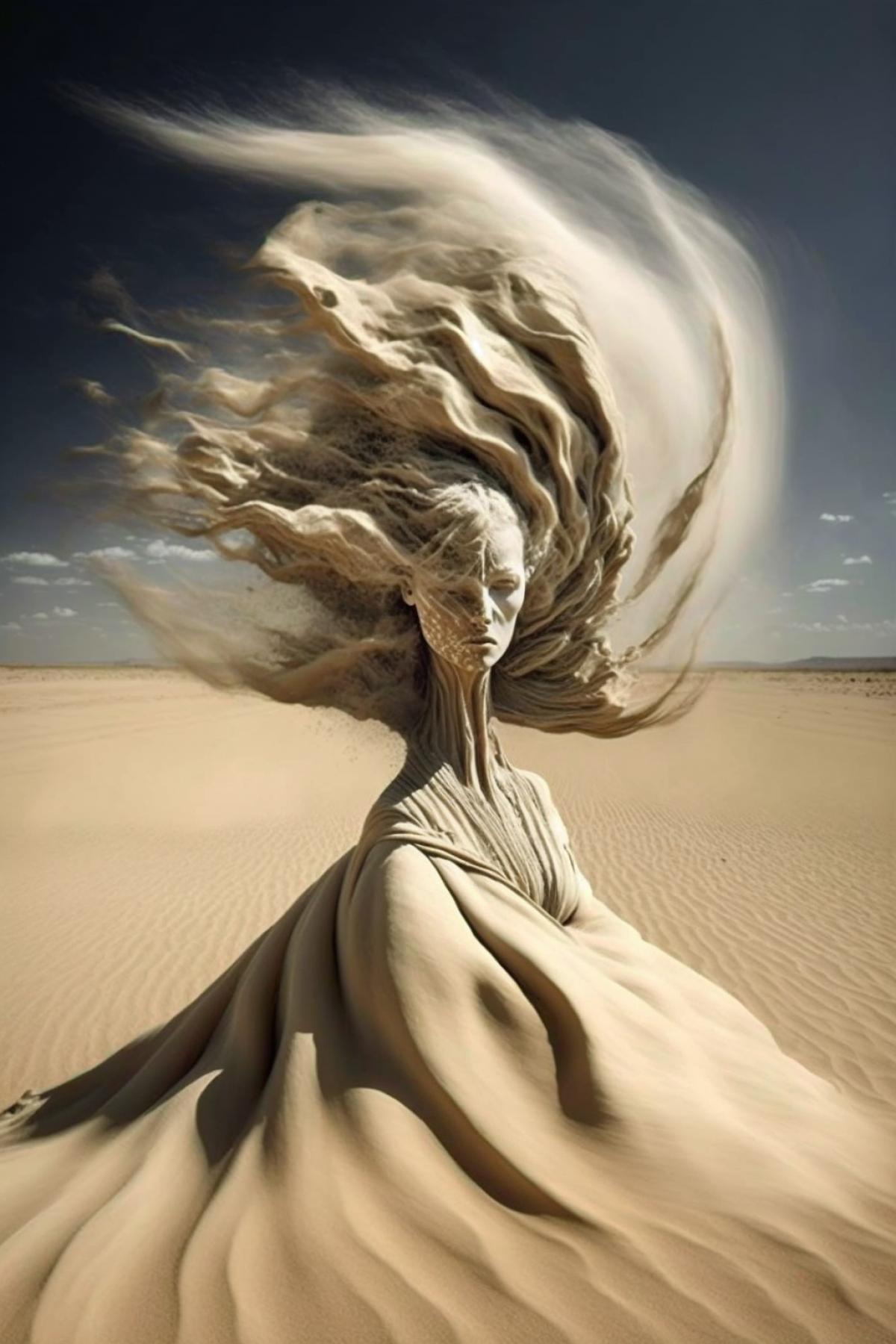 Wind and sand tornado illusion forming a womans body, she is backwards to you