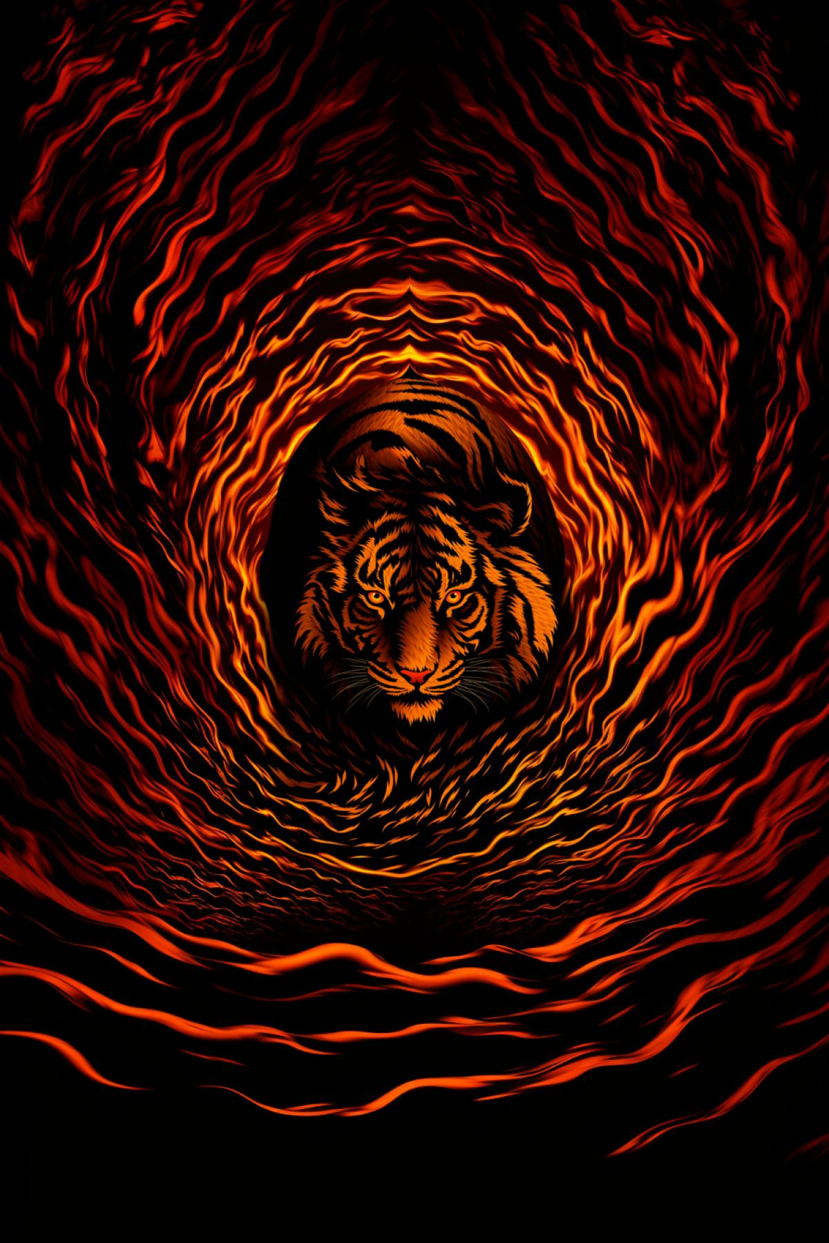 Orange and dark stripes in mess thickening to the center of picture and forming the attacking tiger full height optical illusion optical art use only orange and dark colors