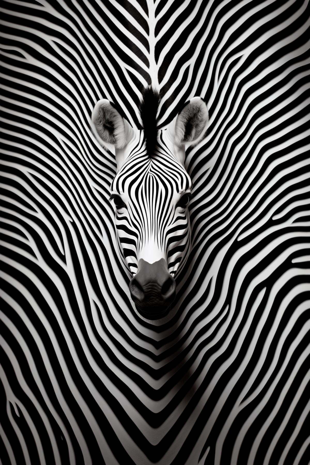 White and dark stripes in mess thickening to the center of picture and forming zebra full height in epic 4k optical illusion optical art use only white and dark colors