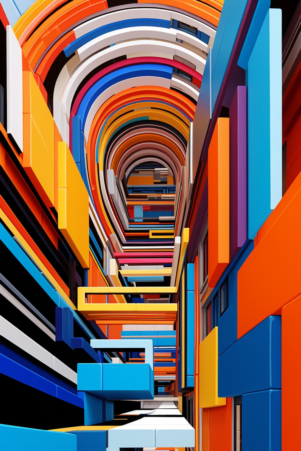 Modern architecture building filling all space built of spiralling lines and stripes vibrant colours optical art Victor Vasareli art