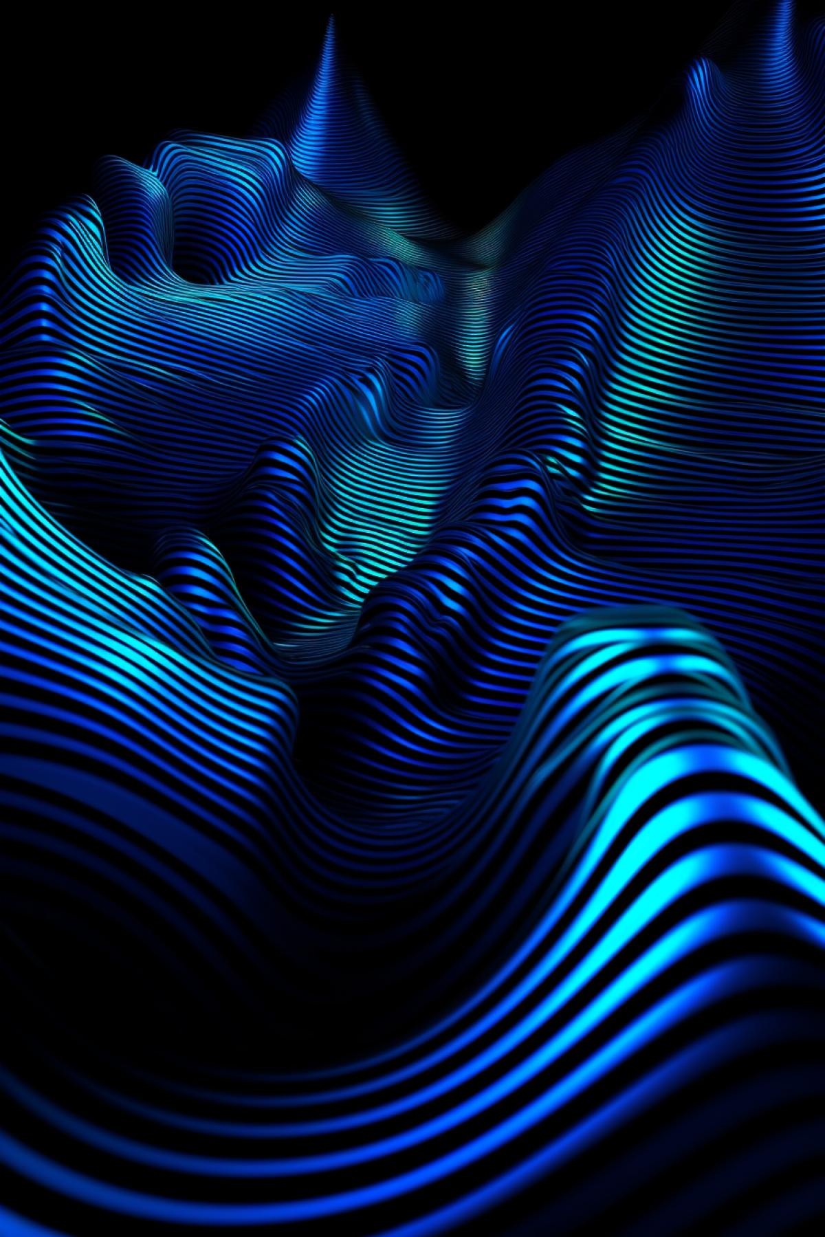 Sinusoidal thin blue neon frequent lines filling all space and forming 3d optical illusion optical art image full of life and happiness