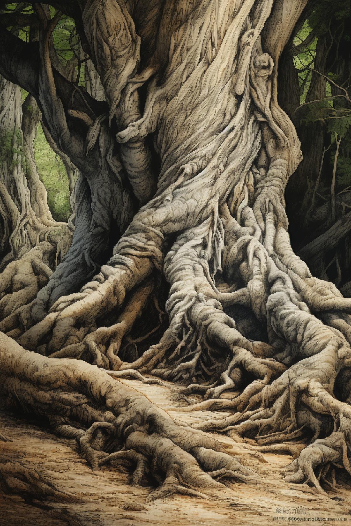 Tenderly twisting roots of two old trees extremely detailed optical art image