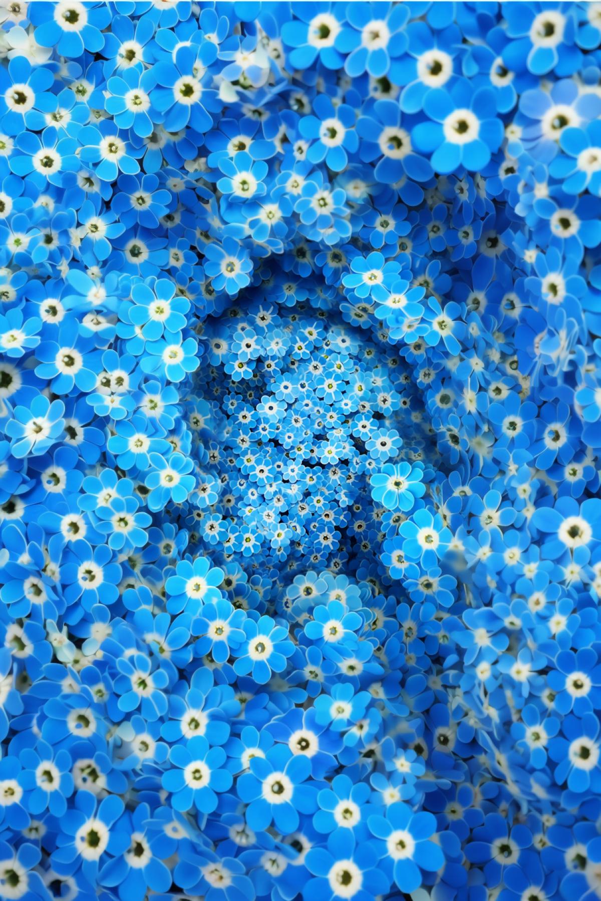 Vortex of million forget-me-nots flowers filling all image space spiralling rotation illusion optical art picture