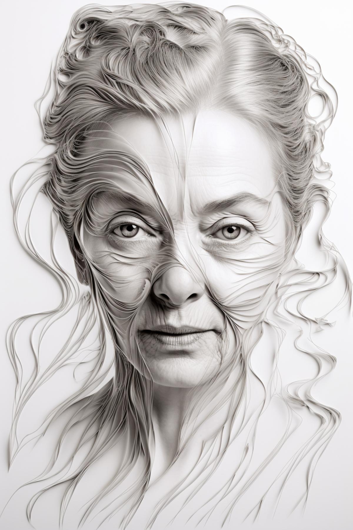 Young woman and old lady merged interfering optical illusion drawing of thin tender pencil lines optical art image