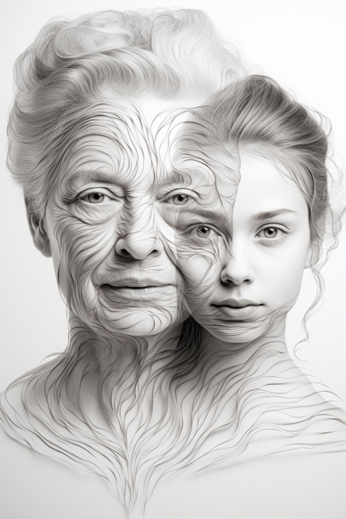 Young woman and old lady merged interfering optical illusion drawing of thin tender pencil lines optical art image