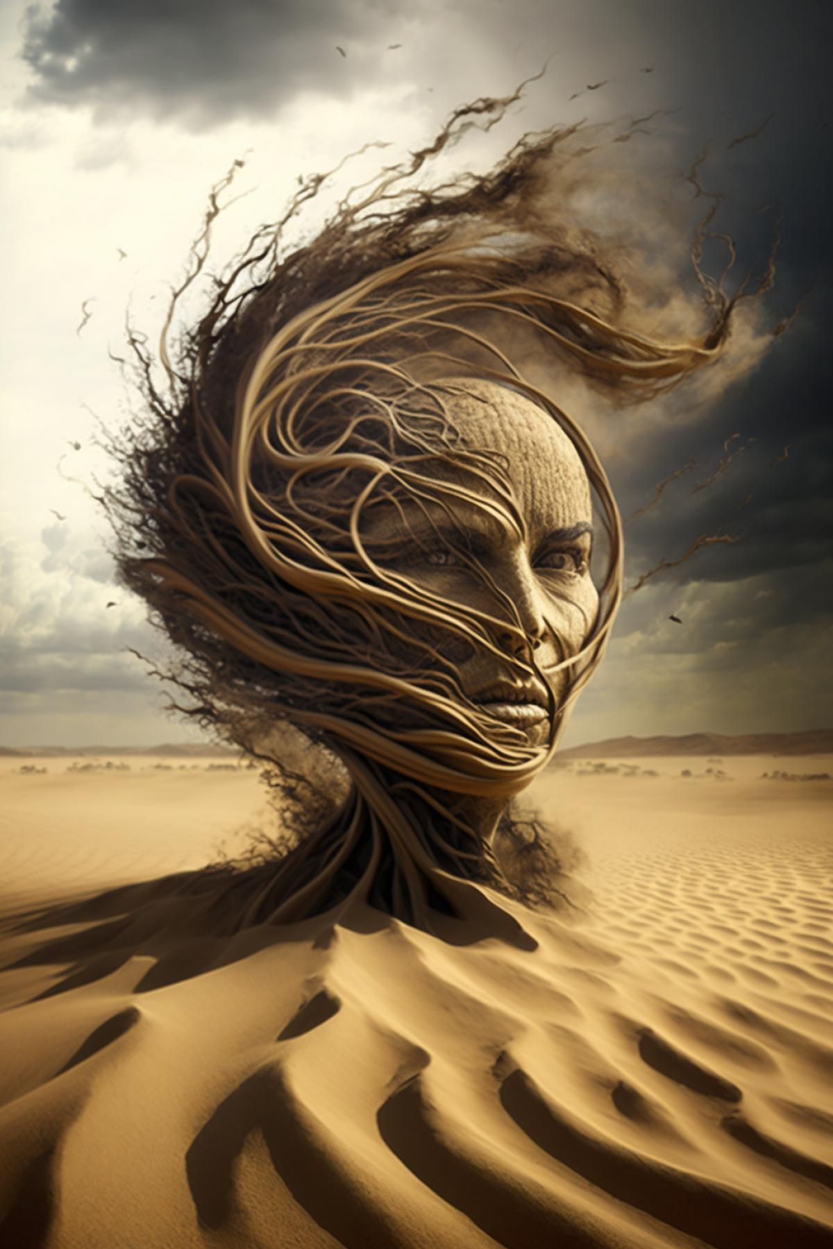 a whirlwind that is flying over a sandy field, in the style of surrealistic portraits, tangled forms, flickr, national geographic photo, brown and bronze, energy-filled illustrations, captures raw emotions