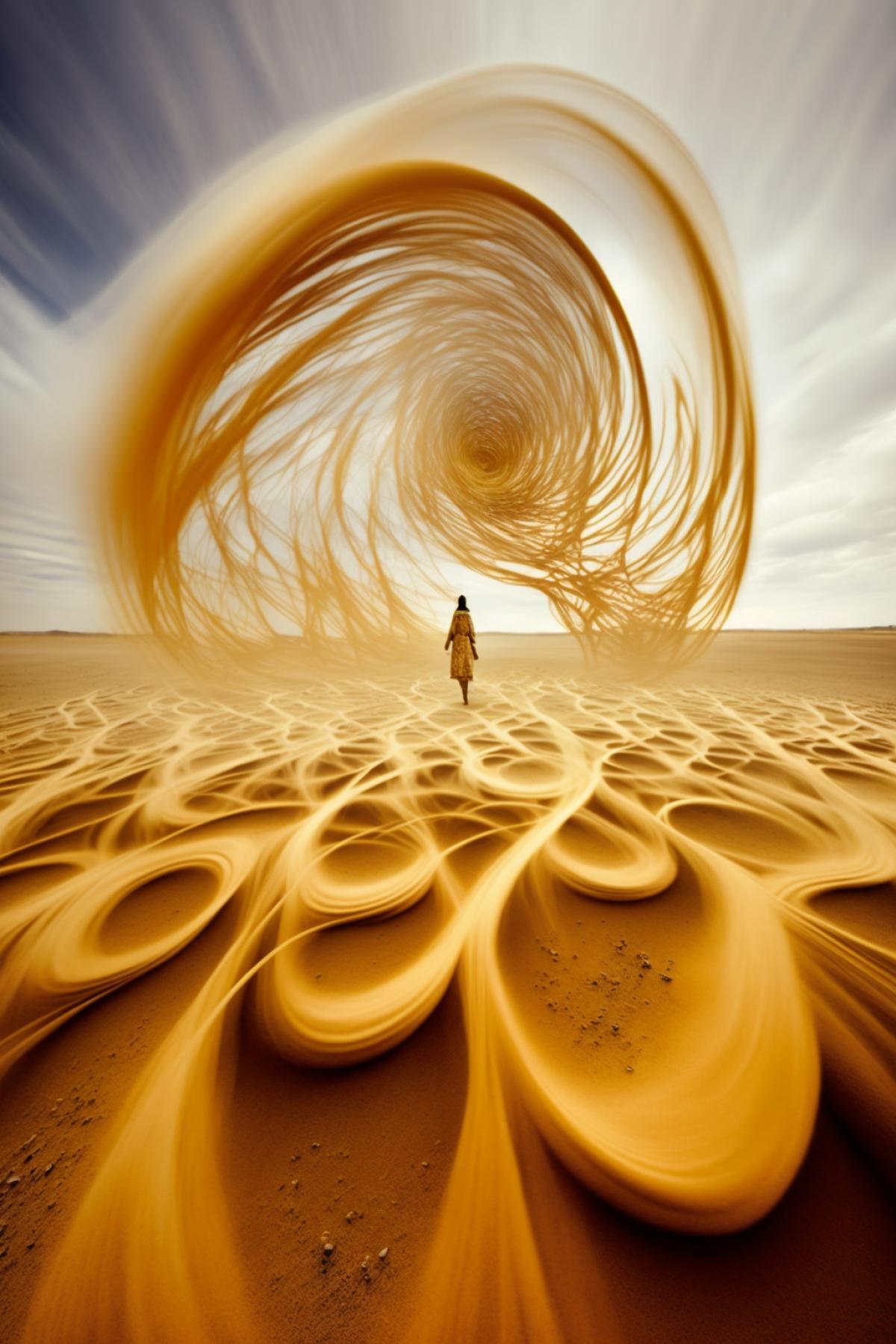 a woman who is blowing a cloud in a field, in the style of abstract forms in motion, light brown and gold, desertwave, tangled nests, national geographic photo, spirals, time-lapse photography