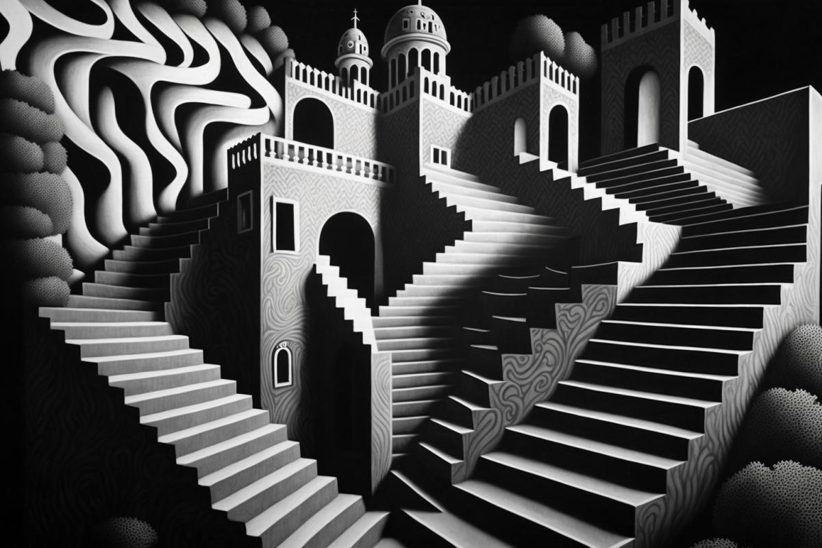 a dark and white drawing of a large drawing showing stair structures, in the style of rob gonsalves, victor moscoso, i cant believe how beautiful this is, intricate surfaces, kevin hill, zigzags, konica auto s3