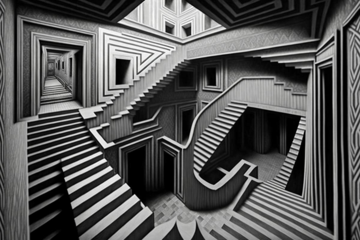 this is the famous drawing of the mazurka, a maze of stairs and hallways, in the style of hyperrealistic rendering, monochromatic chaos, zigzags, birds-eye-view, mirror rooms
