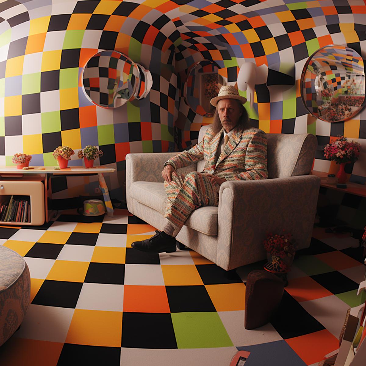 A man in a checkerboard suit, on a sofa with checkerboard upholstery, in a room with checkerboard wallpaper, and a checkerboard carpet. Optical art