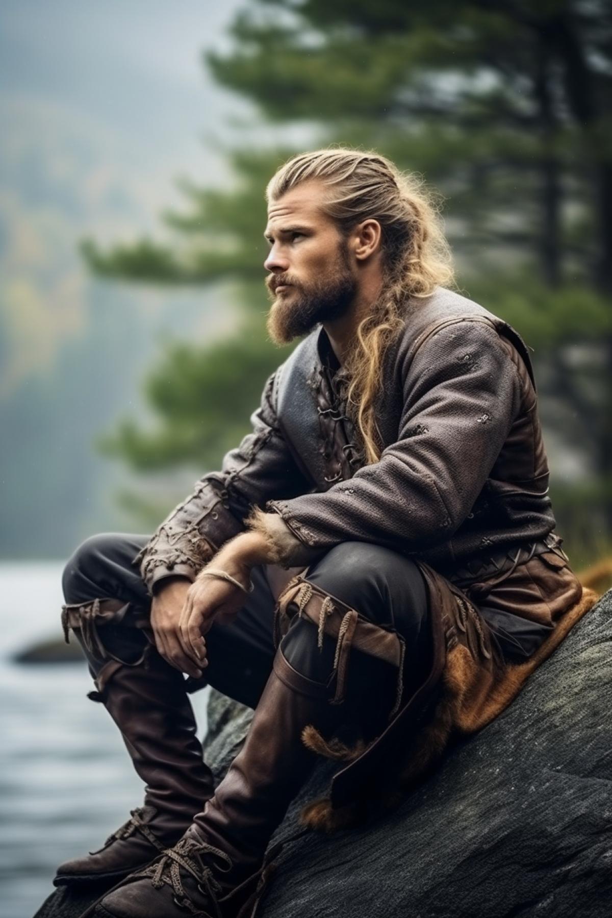 Thoughtful handsome young viking on the edge of fjord greatness and glory of the Northern nature