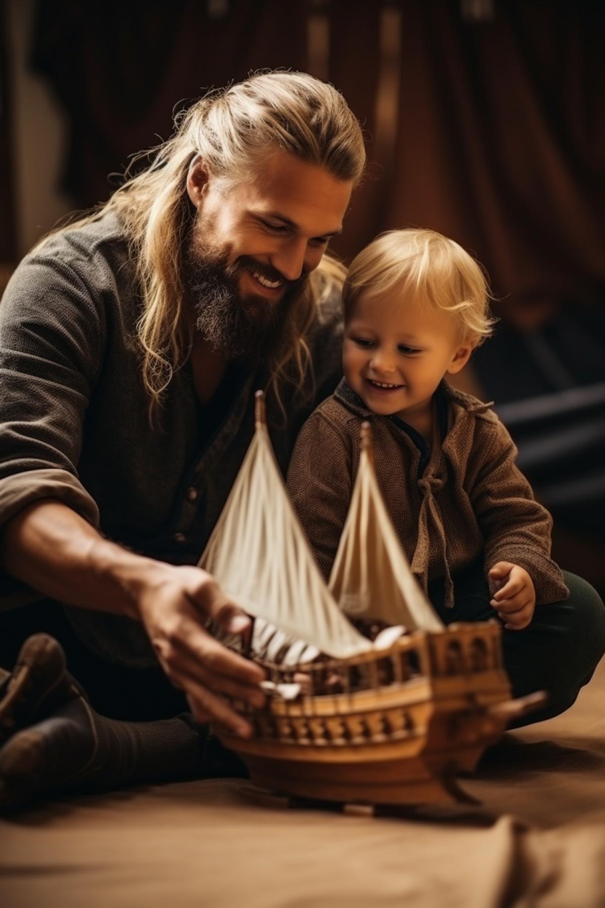 Handsome young Viking shows the model of Viking vessel to his little son