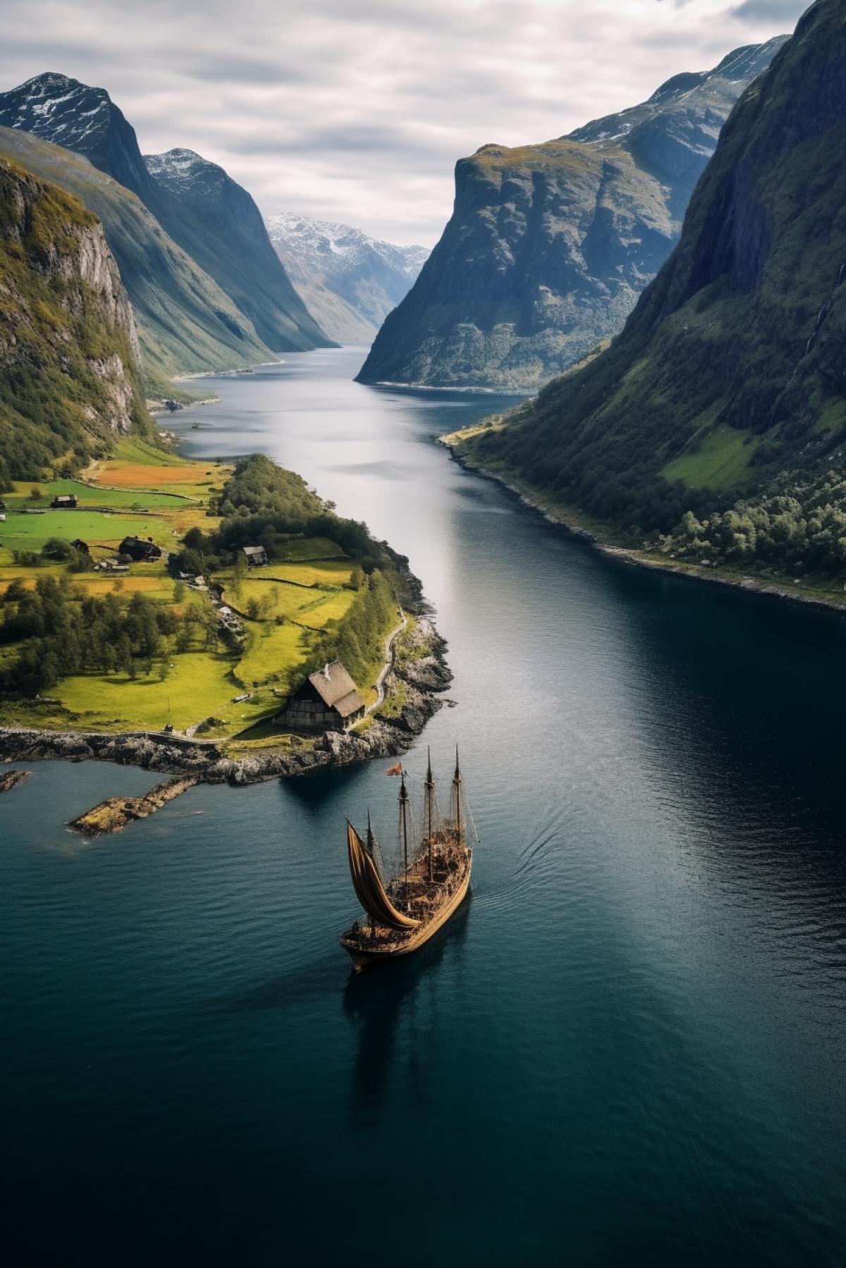 Breathtaking landscape of Island fjord with ancient viking vessel floating along calm waters of fjord brave smiling fearless handsome Vikings aboard birds eye view