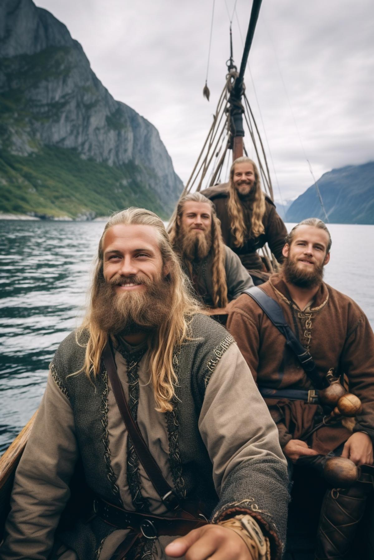 brave smiling fearless handsome Vikings aboard of ancient Viking vessel on the background of breathtaking landscape of Island fjord