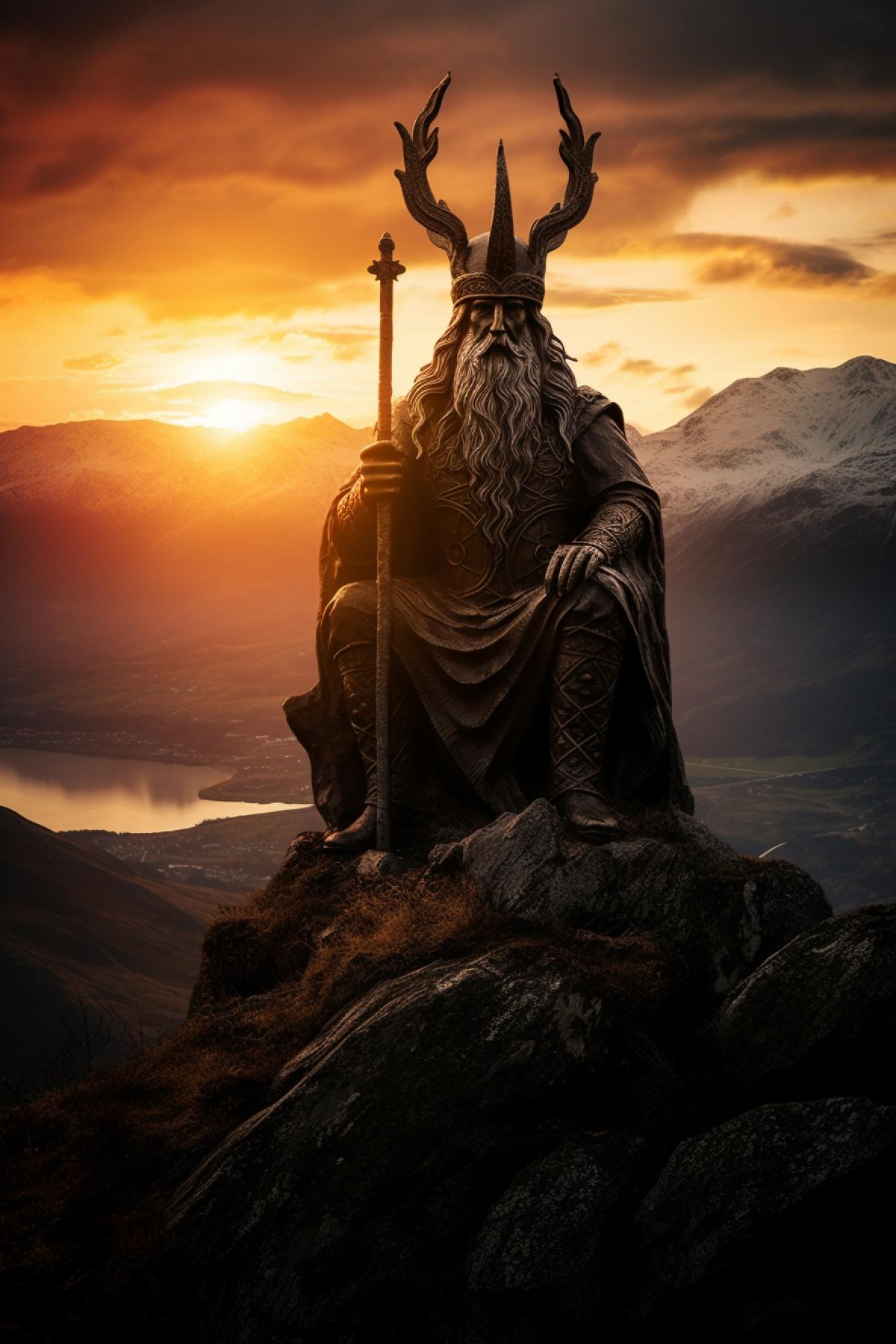 The god Odin over the lands of ancient Scandinavia breathtaking view