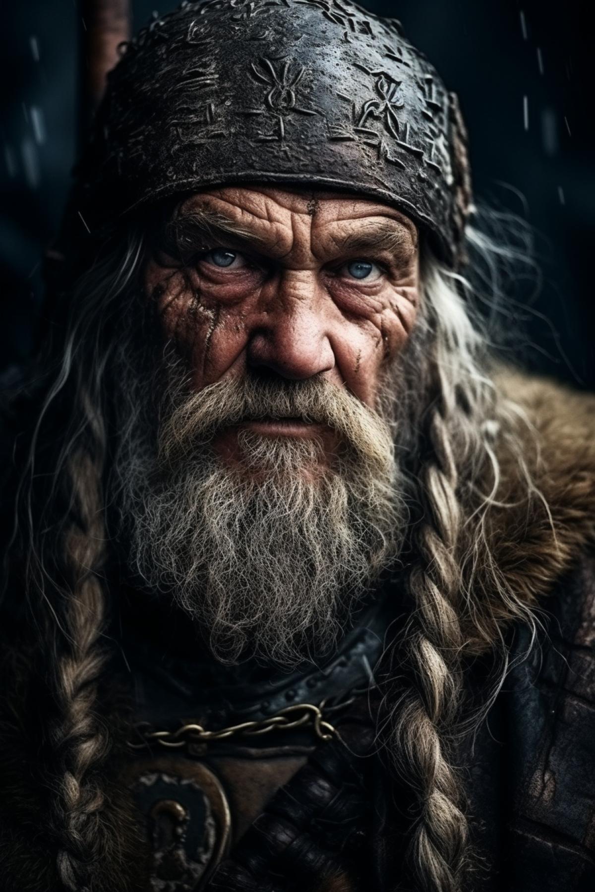 Detailed portrait of old wise combat Viking wise look wrinkles thoughtful and tired breathtaking portrait