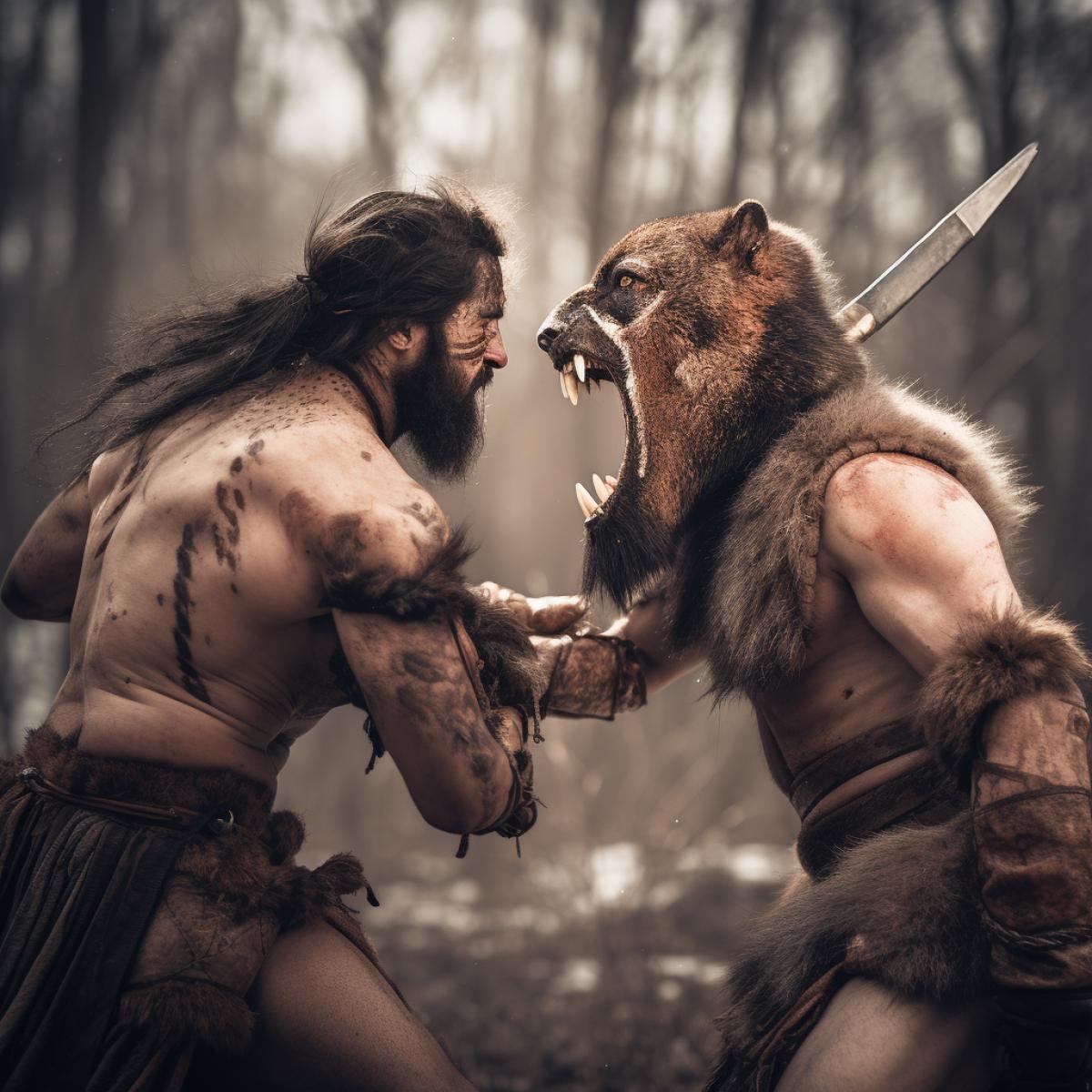 furious battle between a berserker warrior in bear skin and a berserker warrior in wolf skin, rage, trance, obsession