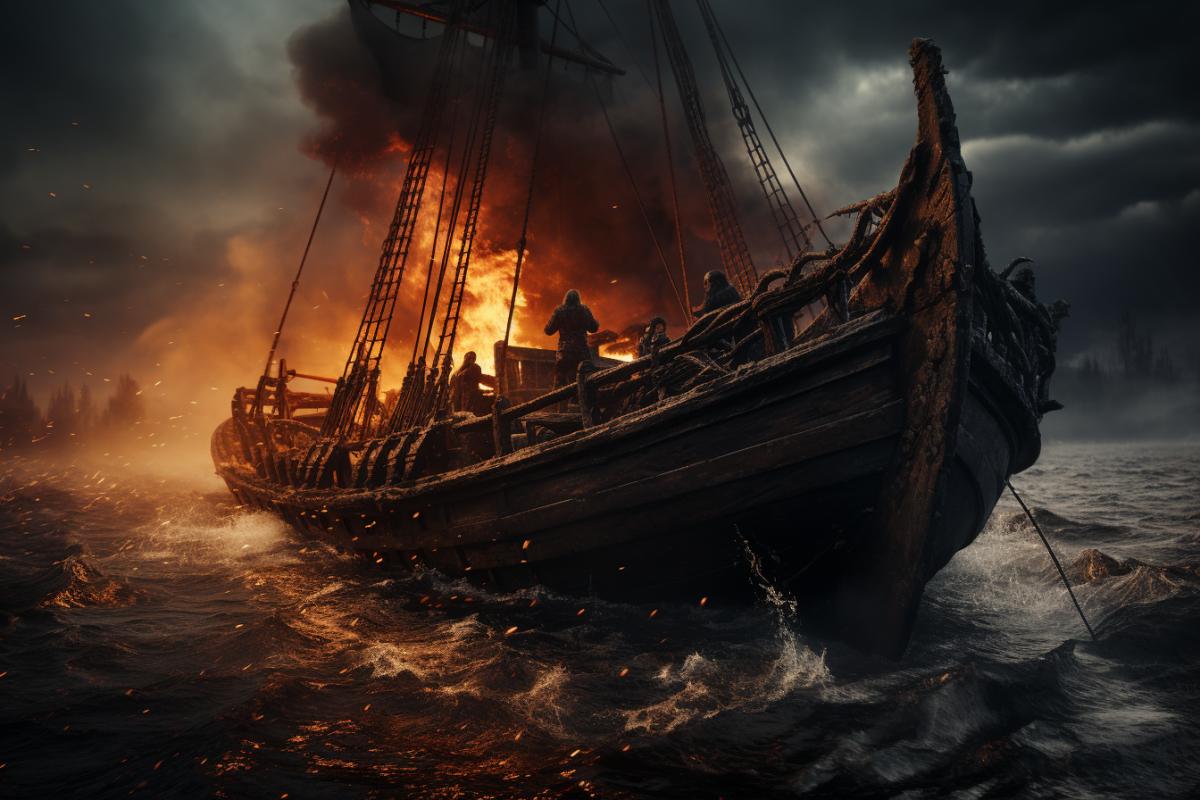 outstanding supernatural beauty top down shot of a viking burial ship in flames on a lake, a thick mist rises from the waters, the ship with the fallen Viking warrior heads for Valhalla, beautiful reflections, breathtaking Nordic landscape, tilt-shift lens, award-winning landscape photography, tilt angle perspective, epic and dramatic atmosphere, cold winter light, first light of the sunset, smooth, hyper-detailed, beautifully color-coded, photorealistic, intense shading, clean sharp focus, dynamic angle, dynamic com4k, blurred background
