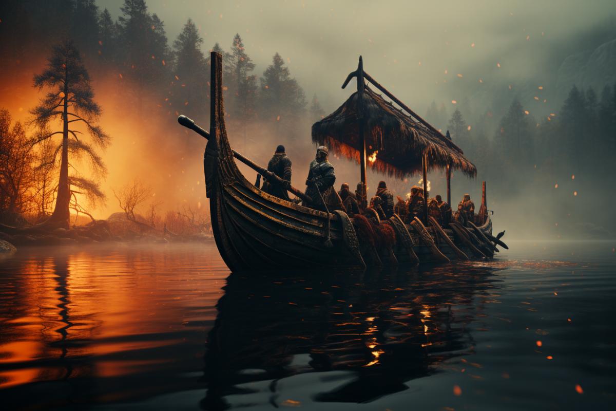 outstanding supernatural beauty top down shot of a viking burial ship in flames on a lake, a thick mist rises from the waters, the ship with the fallen Viking warrior heads for Valhalla, beautiful reflections, breathtaking Nordic landscape, tilt-shift lens, award-winning landscape photography, tilt angle perspective, epic and dramatic atmosphere, cold winter light, first light of the sunset, smooth, hyper-detailed, beautifully color-coded, photorealistic, intense shading, clean sharp focus, dynamic angle, dynamic com4k, blurred background