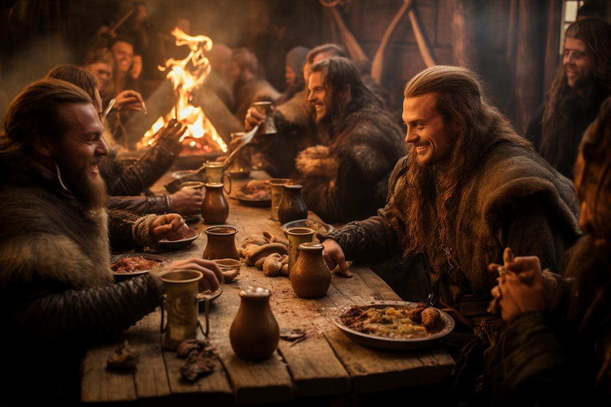 a boisterous feast scene in an ancient Viking village, with long wooden tables laden with hearty meats, stews, bread, and ale, wild atmosphere, lively conversation, and raucous laughter filling the air. The decor and lighting are minimal, with flickering torches casting a warm, golden glow upon the faces of the rambunctious revelers. The sound of fiddles, flutes, and drums melds with the howling of wolves and the whistling of the wind outside, immersing everyone in the wild and untamed spirit of Viking life, beautifully color-coded, photorealistic, dynamic com4k