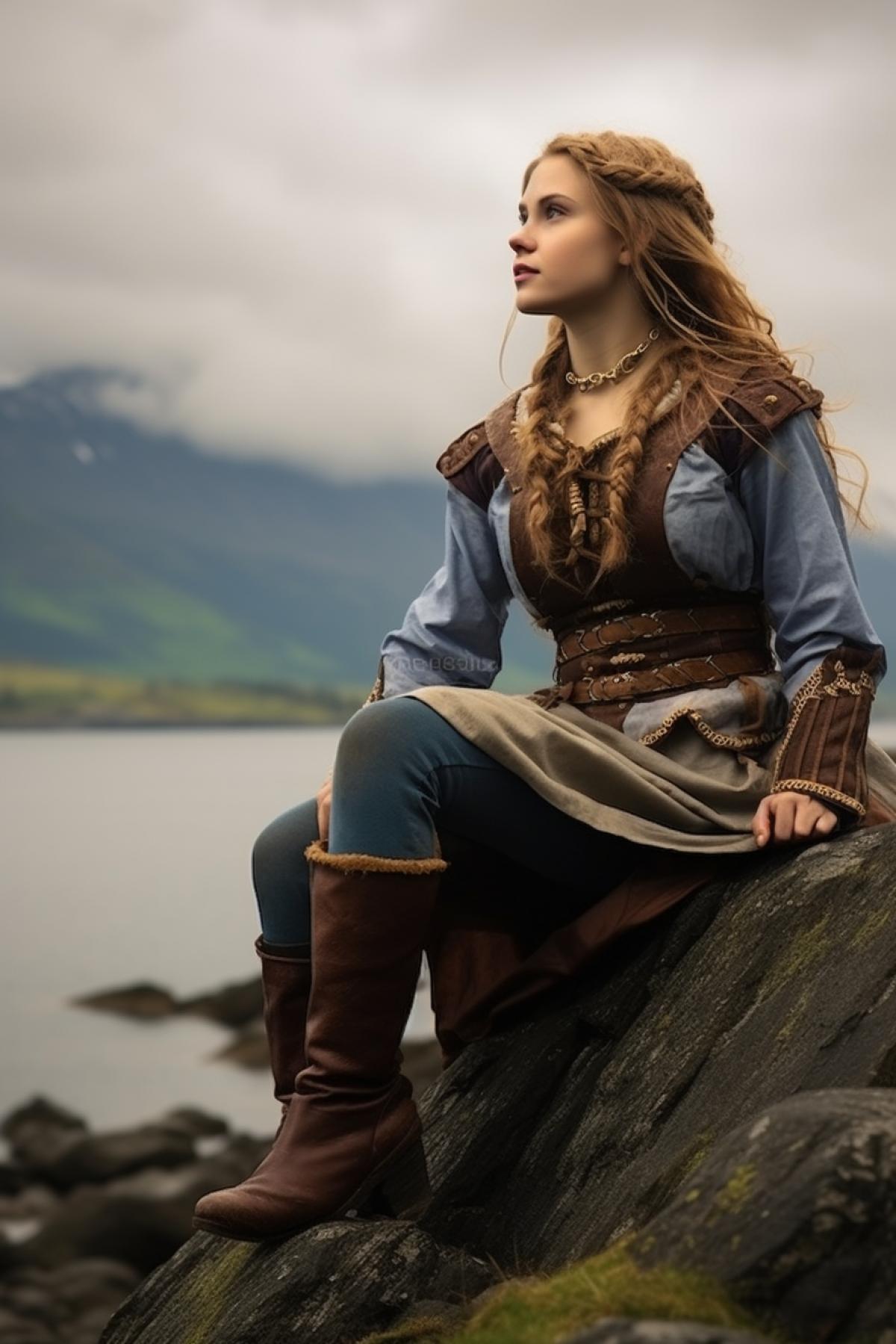 beautiful young Viking woman in battle garb thoughtfully looks at the fjord from the rocky shore, hair fluttering in the wind, high detail, realism