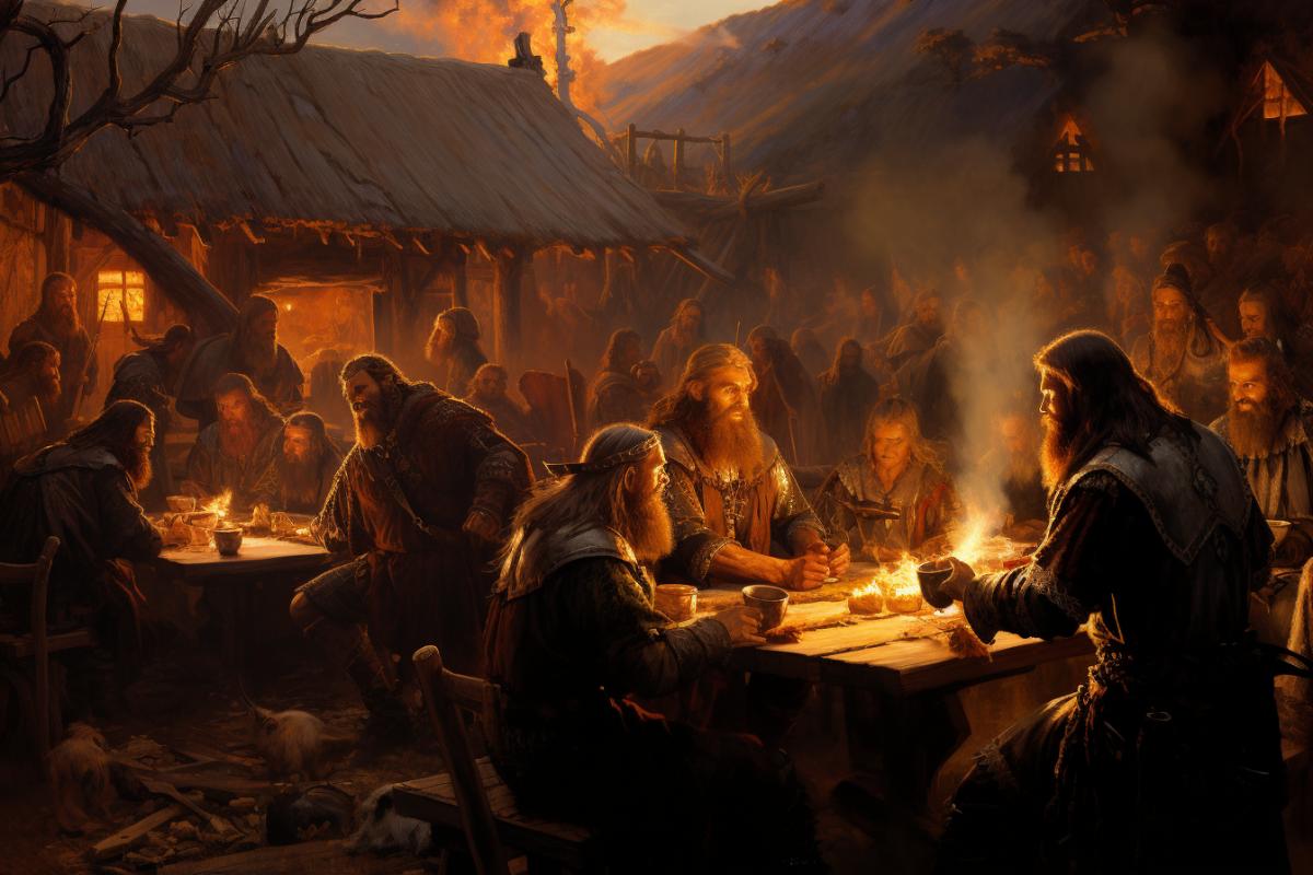 a boisterous feast scene in an ancient Viking village, with long wooden tables laden with hearty meats, stews, bread, and ale, wild atmosphere, lively conversation, and raucous laughter filling the air. The decor and lighting are minimal, with flickering torches casting a warm, golden glow upon the faces of the rambunctious revelers. The sound of fiddles, flutes, and drums melds with the howling of wolves and the whistling of the wind outside, immersing everyone in the wild and untamed spirit of Viking life, beautifully color-coded, photorealistic, dynamic com4k