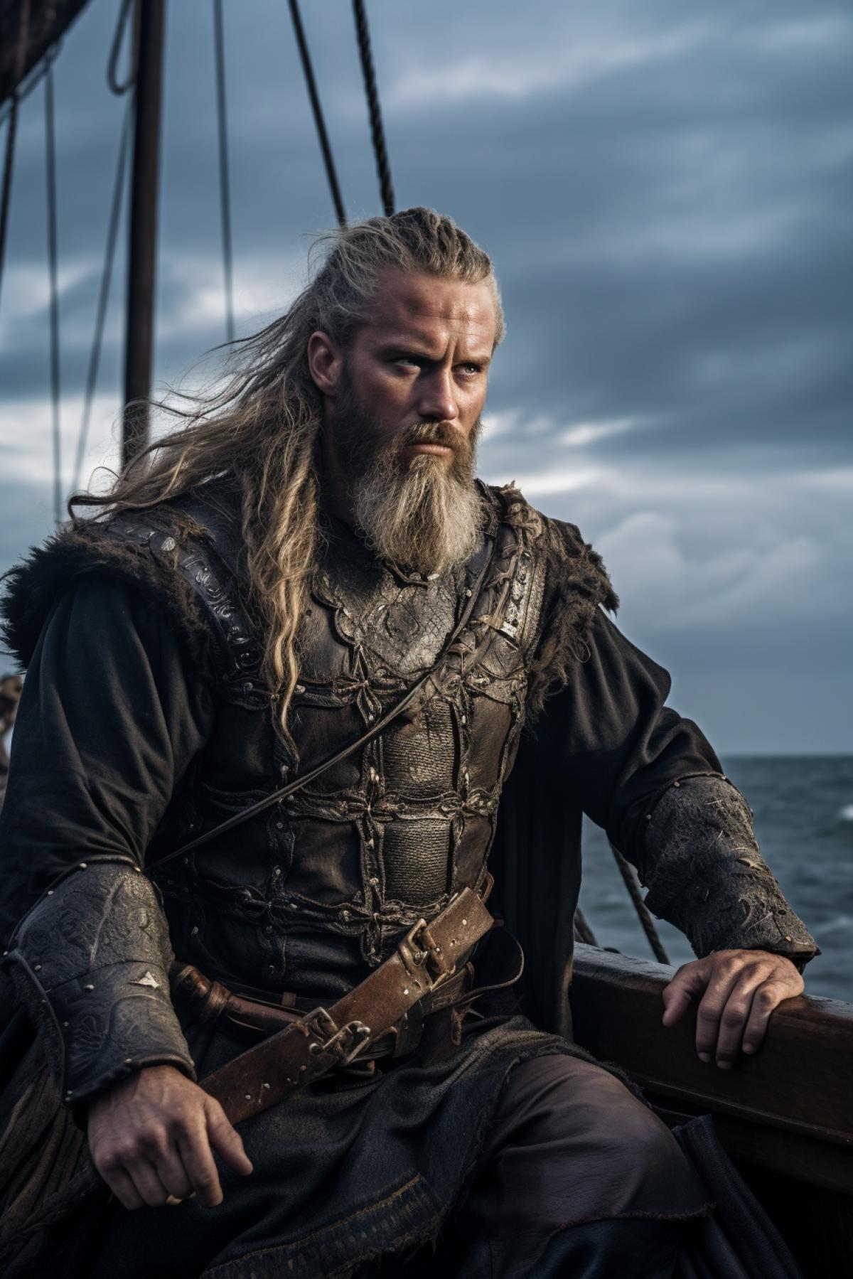 Viking man inflated on a ship with a sail. Floating in the ocean. Storm. Leather armor, pumped up, holding a short sword. Blonde hair tied in a ponytail. Blue eyes, frowns. There is a storm at sea. The sky is cloudy and the stars are visible through the clouds.