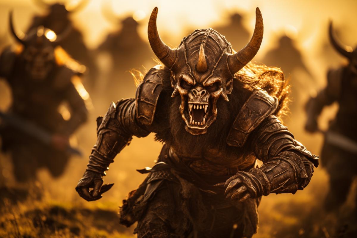 Vikings in horned helmets in a fierce battle. A dramatic scene. The scene is set in a vast open field with a gentle rolling hill. The sun is setting, casting a warm orange glow across the field, with long, dark shadows stretching vikings the fighting. The armor of the vikings is intricately detailed. The camera type used is a steady cam, while the lens is a wide-angle lens, capturing the dynamic energy and movement of the fighting and making the scene feel immersive. professional photography, cinematic light