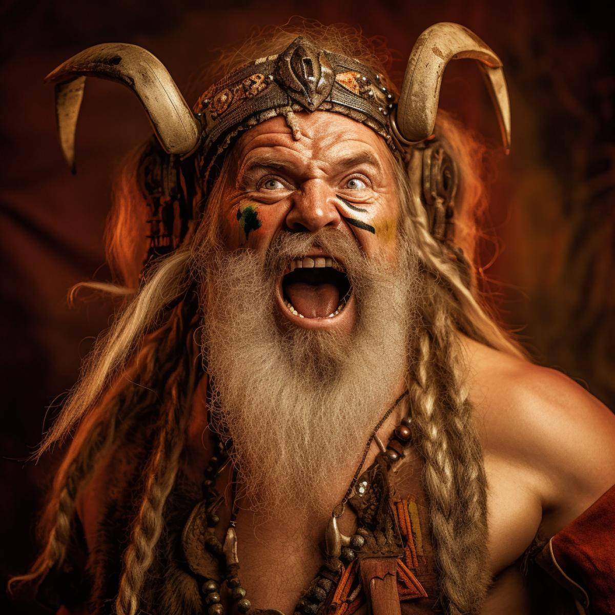 Viking, caricature, dance, bright and rich colors, photography