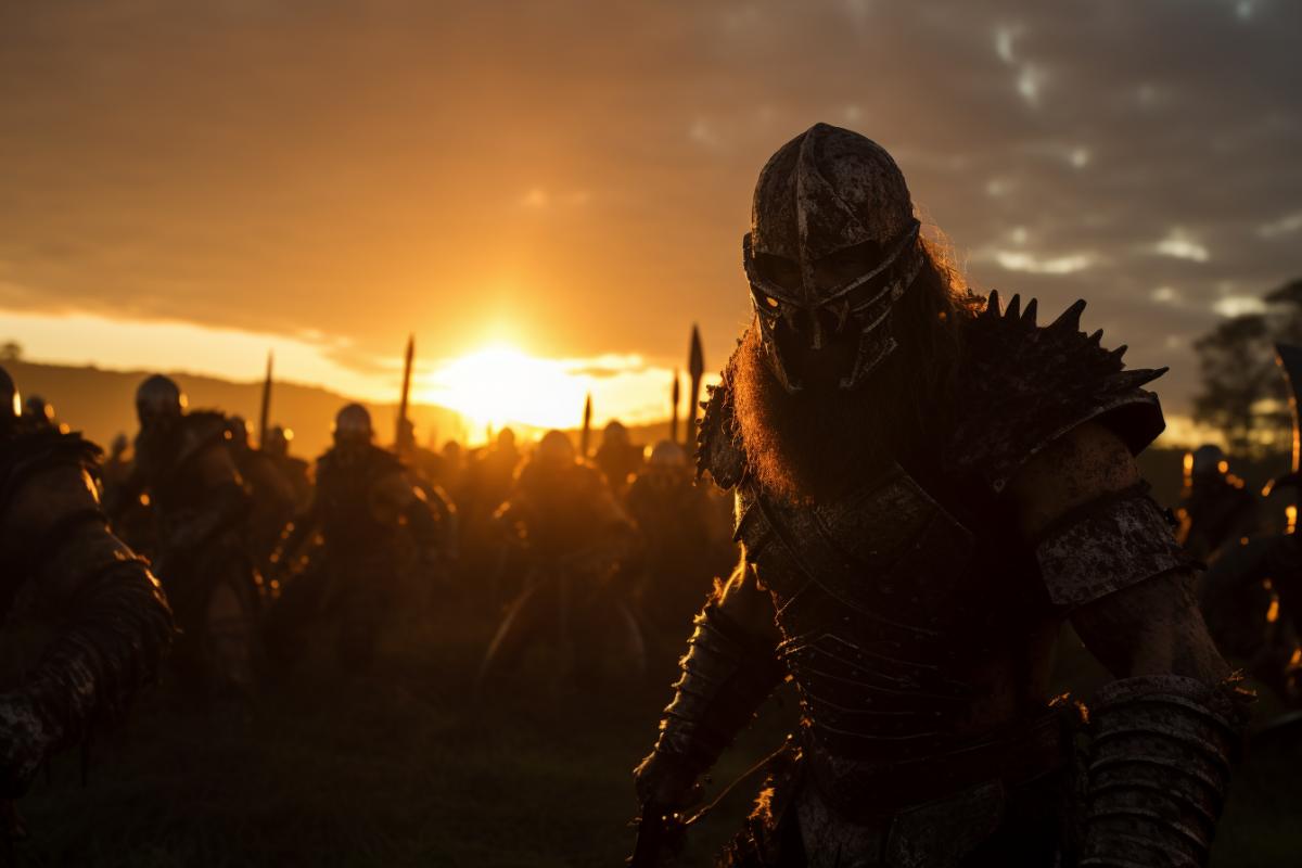 Vikings in horned helmets in a fierce battle. A dramatic scene. The scene is set in a vast open field with a gentle rolling hill. The sun is setting, casting a warm orange glow across the field, with long, dark shadows stretching vikings the fighting. The armor of the vikings is intricately detailed. The camera type used is a steady cam, while the lens is a wide-angle lens, capturing the dynamic energy and movement of the fighting and making the scene feel immersive. professional photography, cinematic light