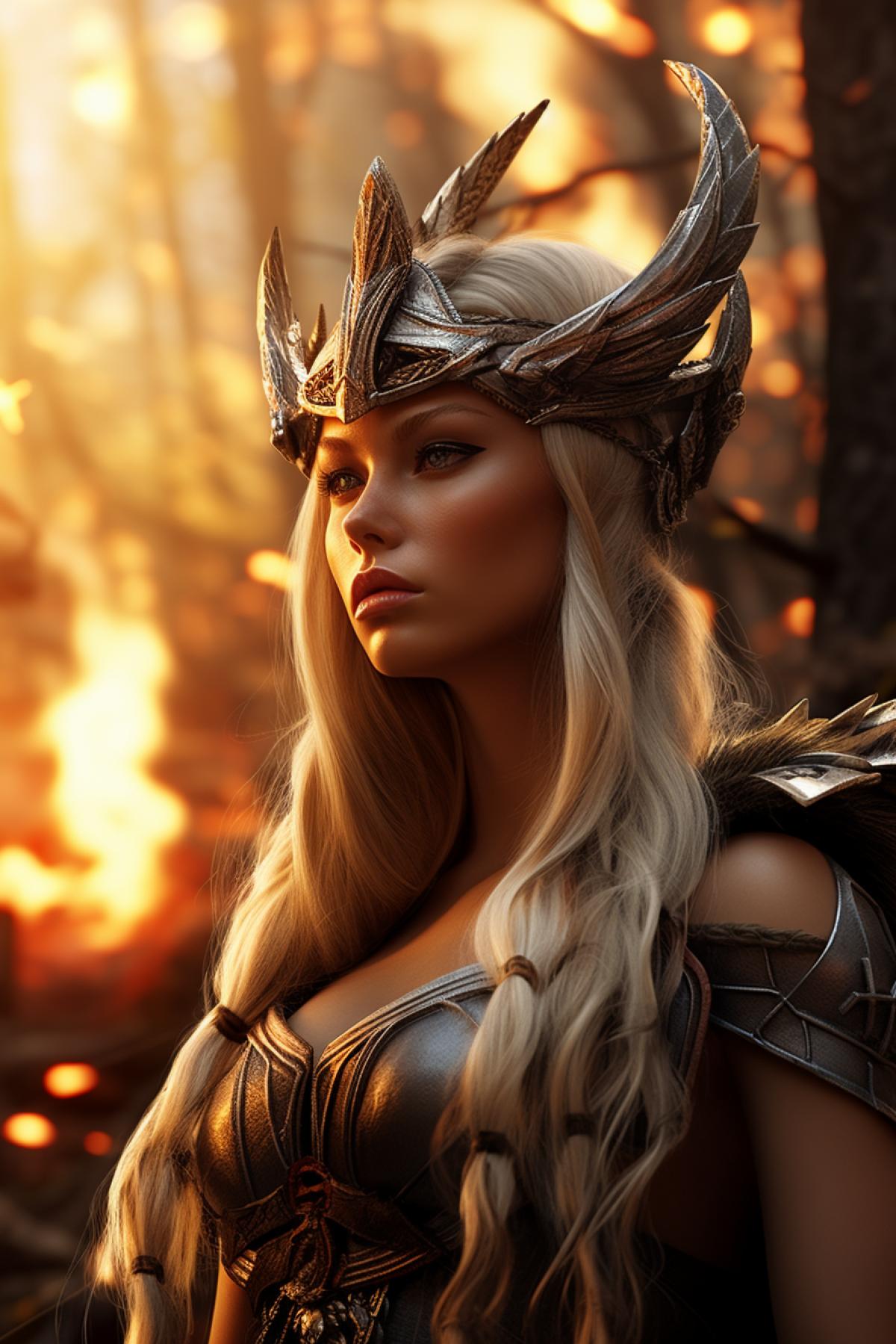 warrior valkyrie, horned helmet on her head, sitting by a fire in a dense forest, epic, dynamic 4k, photorealistic, high quality, height detail, vibrant color, hd, hdr, 8k, s 750