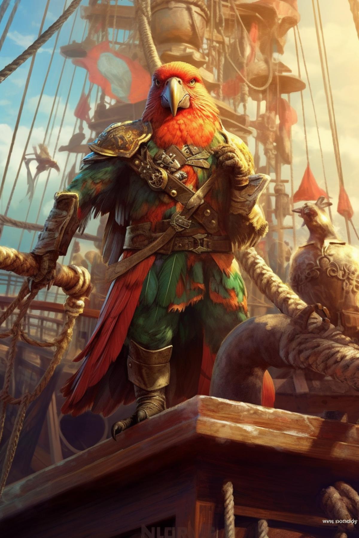 a viking parrot stands on the deck of a large ship with a team of fighting viking parrots