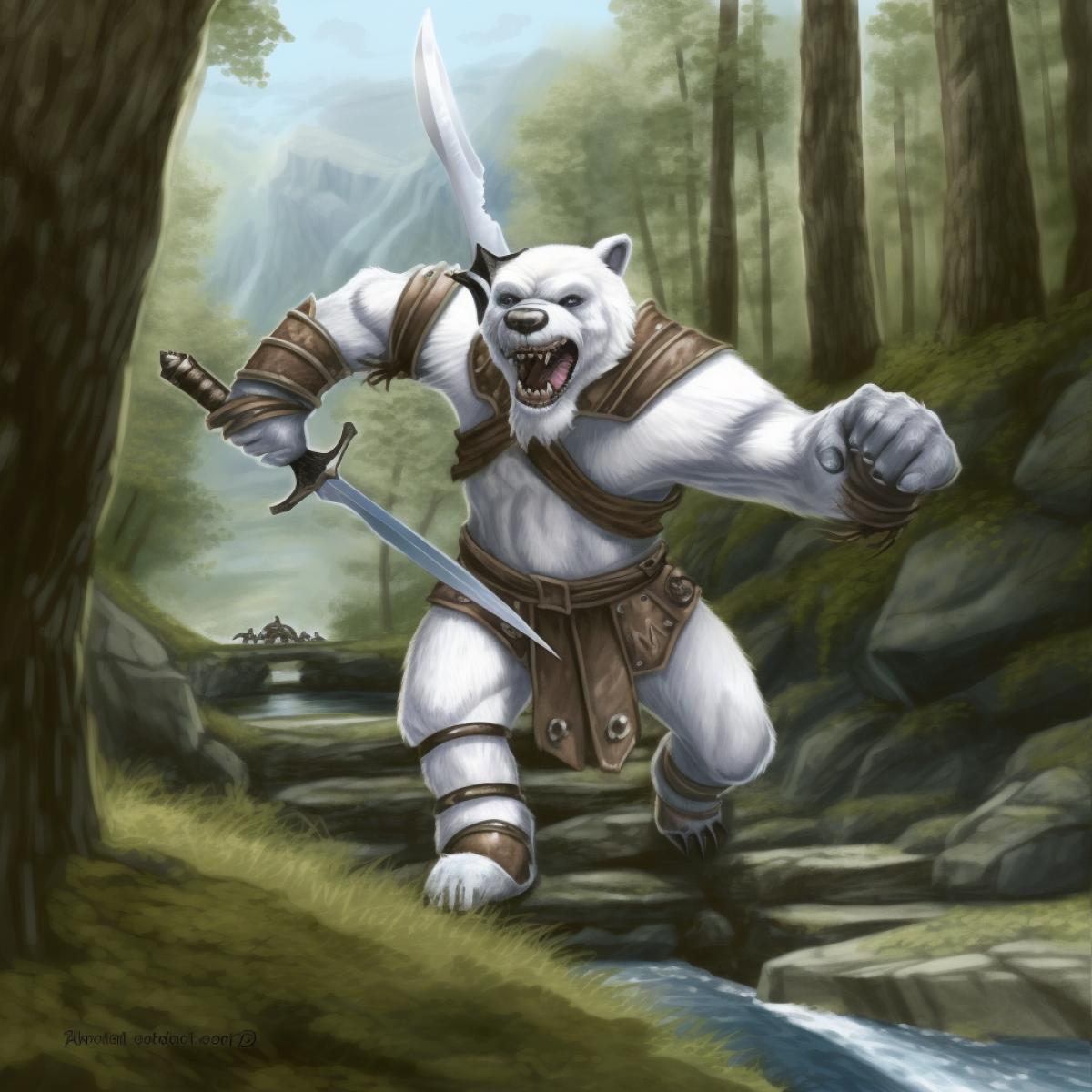 Cyborg Viking, two-handed sword, bear skin on the shoulders, red eyes, bear skull on the head, runs forward, grinning open mouth, background wild forests of Norway