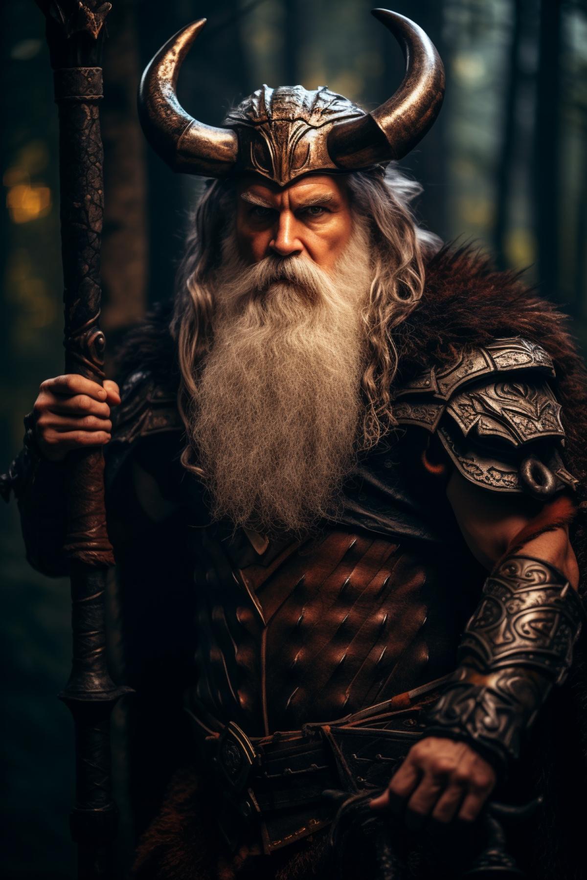 A muscular older Viking man in flowing leather and metal armor and a horned helmet. He is surrounded by an ominous forest and is preparing for battle. Comic style